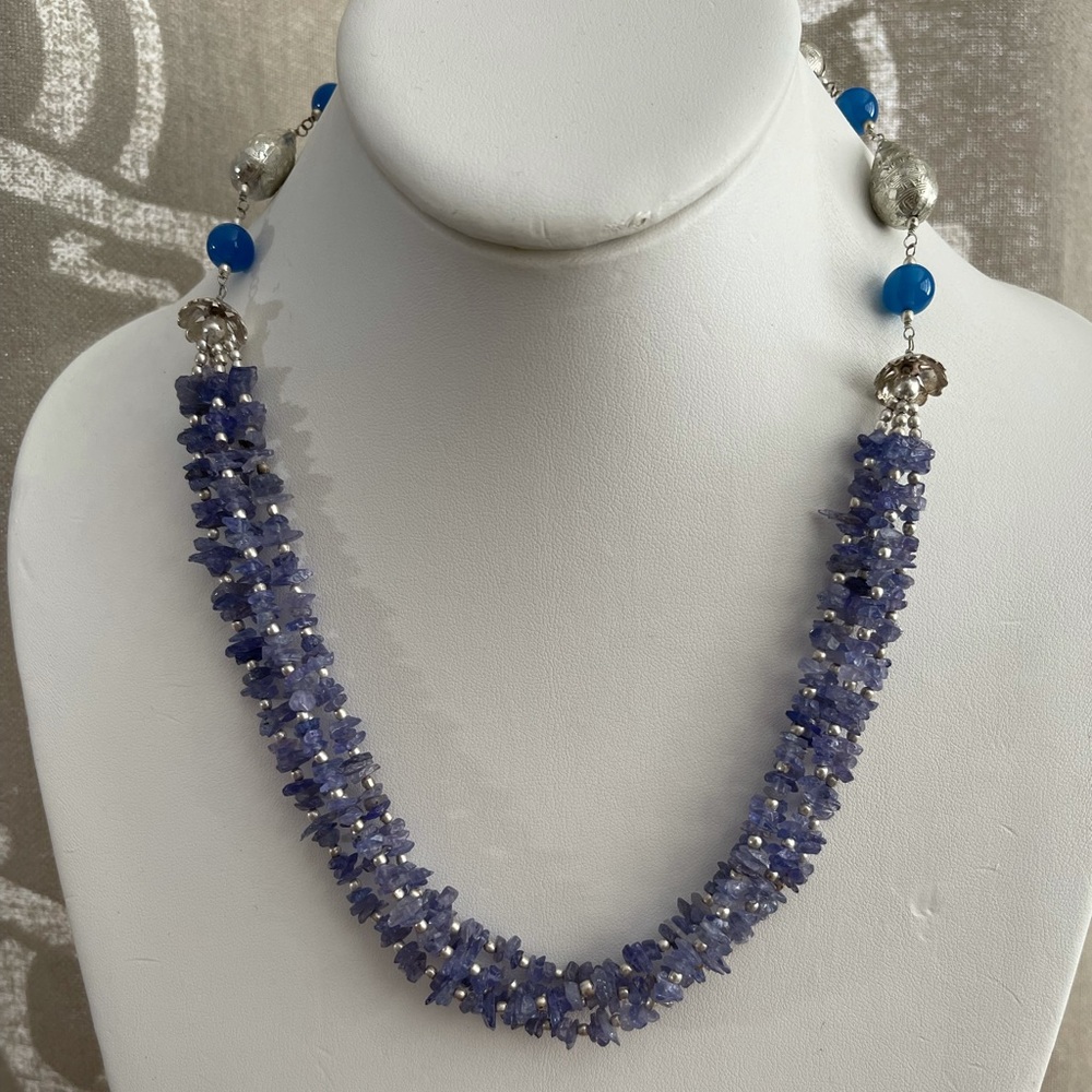Natural tanzanite & blue chalcedony silver necklace
